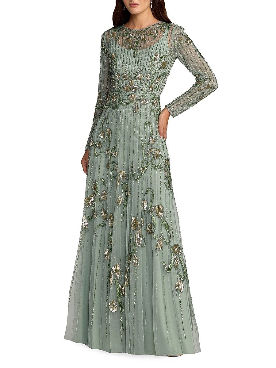 Women's Embellished Tulle A-Line Gown - Sage - Size 4