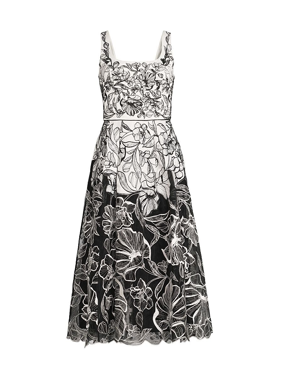 Women's Floral Embroidered Organza Midi-Dress - Ivory Black - Size 18