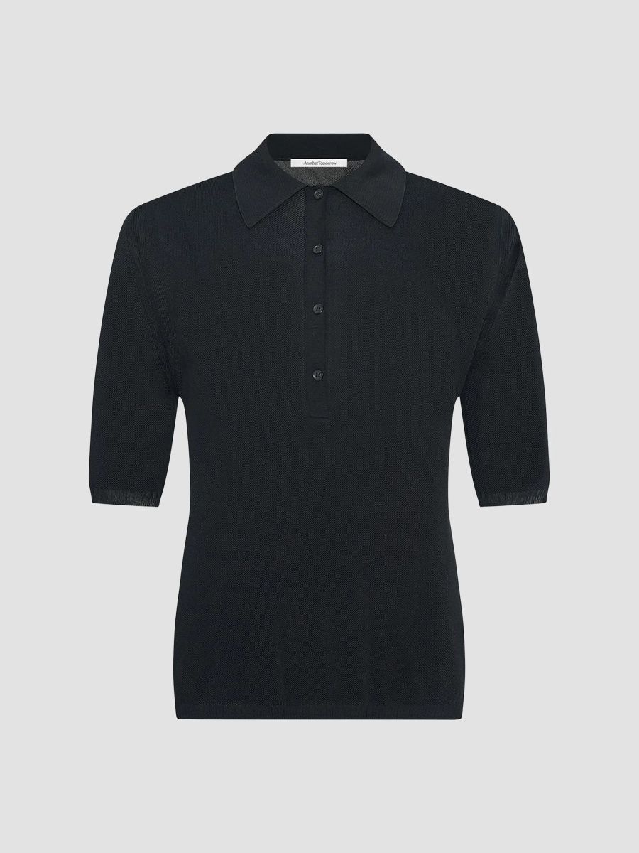 Another Tomorrow Women's Pique Polo - Black - Size Medium