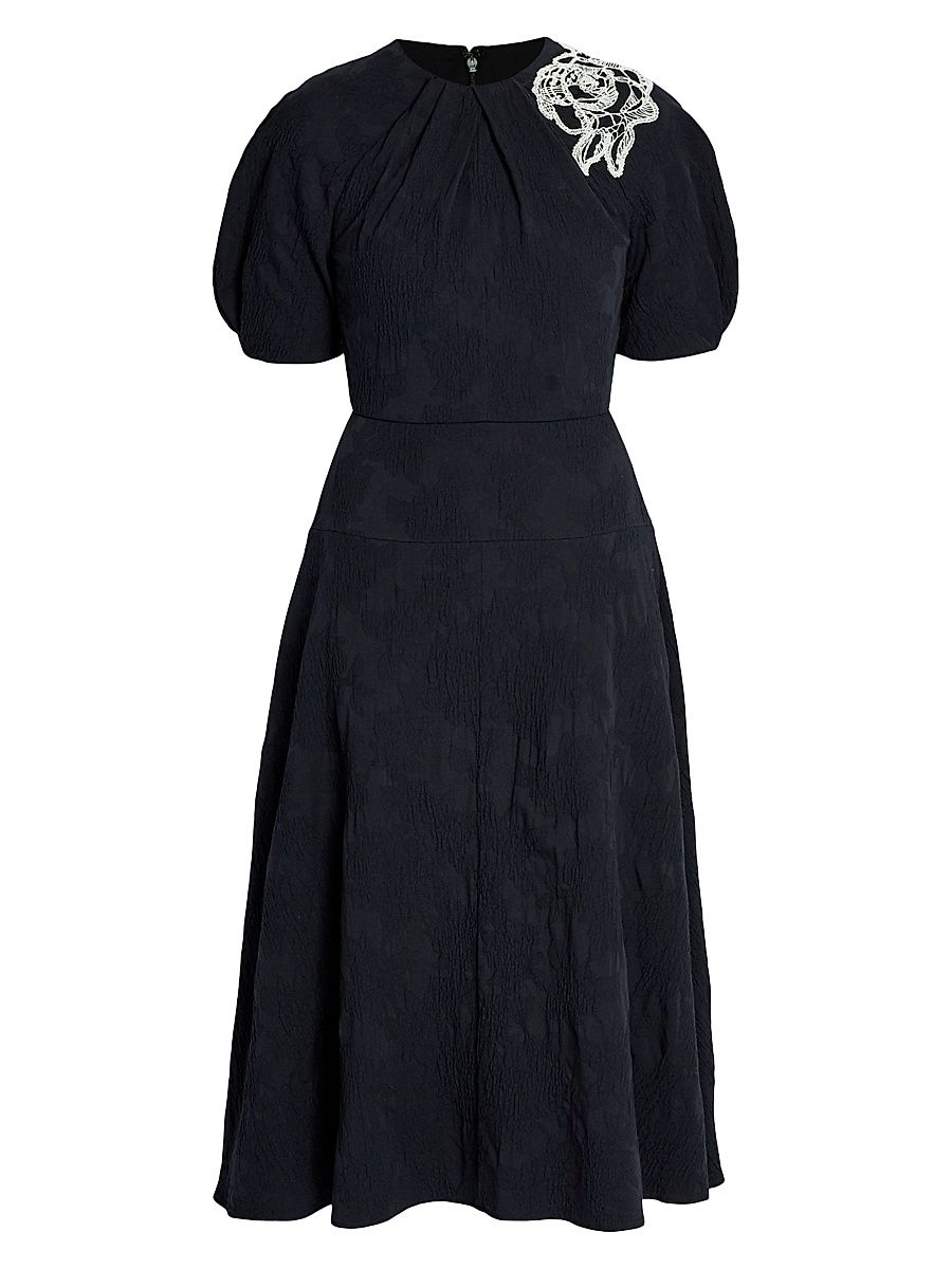 Women's Lace Appliqué Crinkled Midi-Dress - Midnight Blue - Size 10