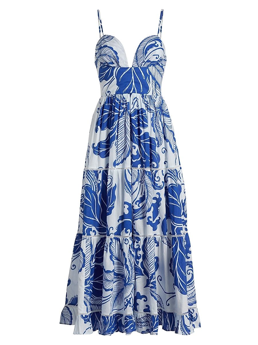 Women's Milena Tiered Coral-Print Cotton Midi-Dress - Blue Reef Wave - Size XS