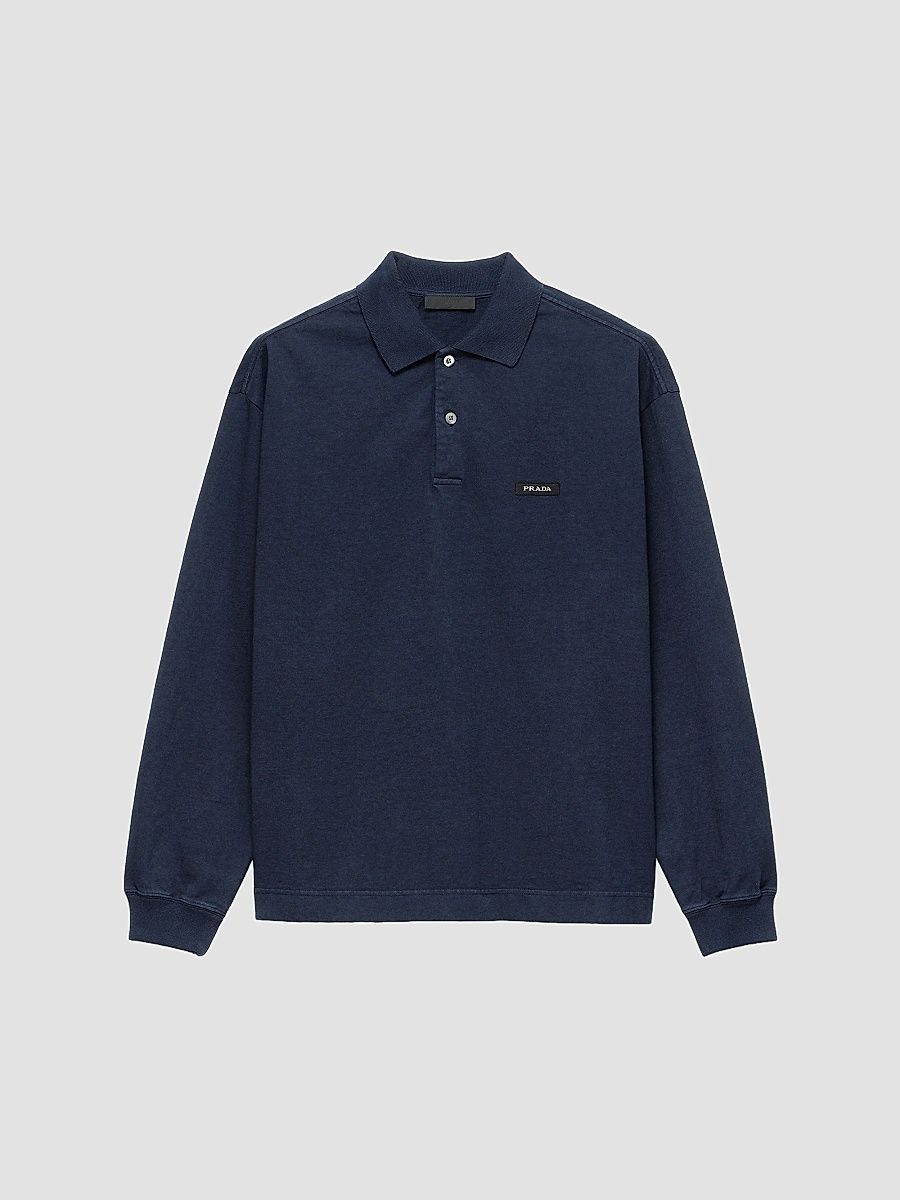 Men's Long-Sleeved Cotton Polo Shirt - Blue - Size XS
