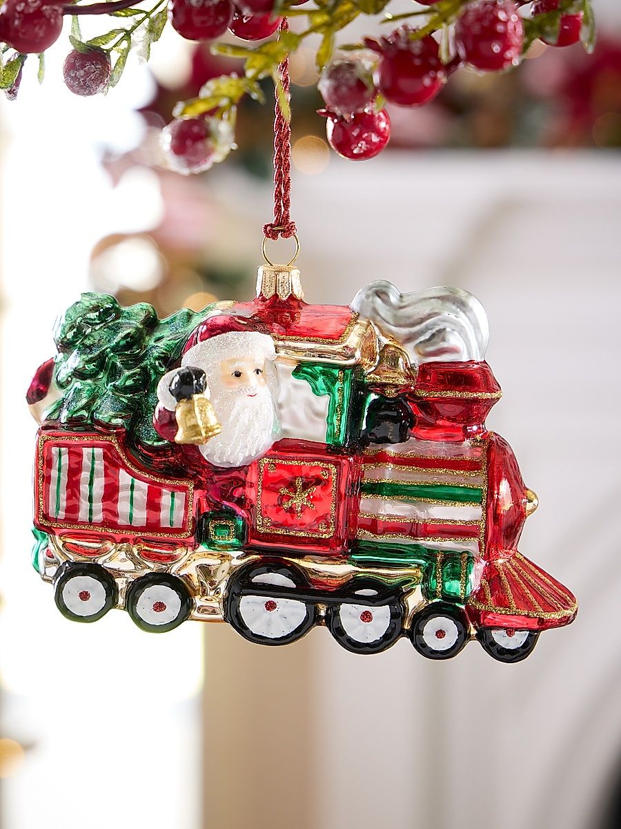 Locomotive With Santa & Snowman Glass Ornament