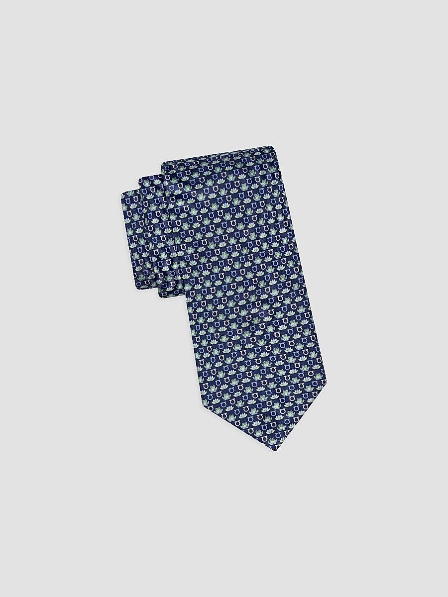 FERRAGAMO Men's Frog Print Silk Tie - Blue Marine