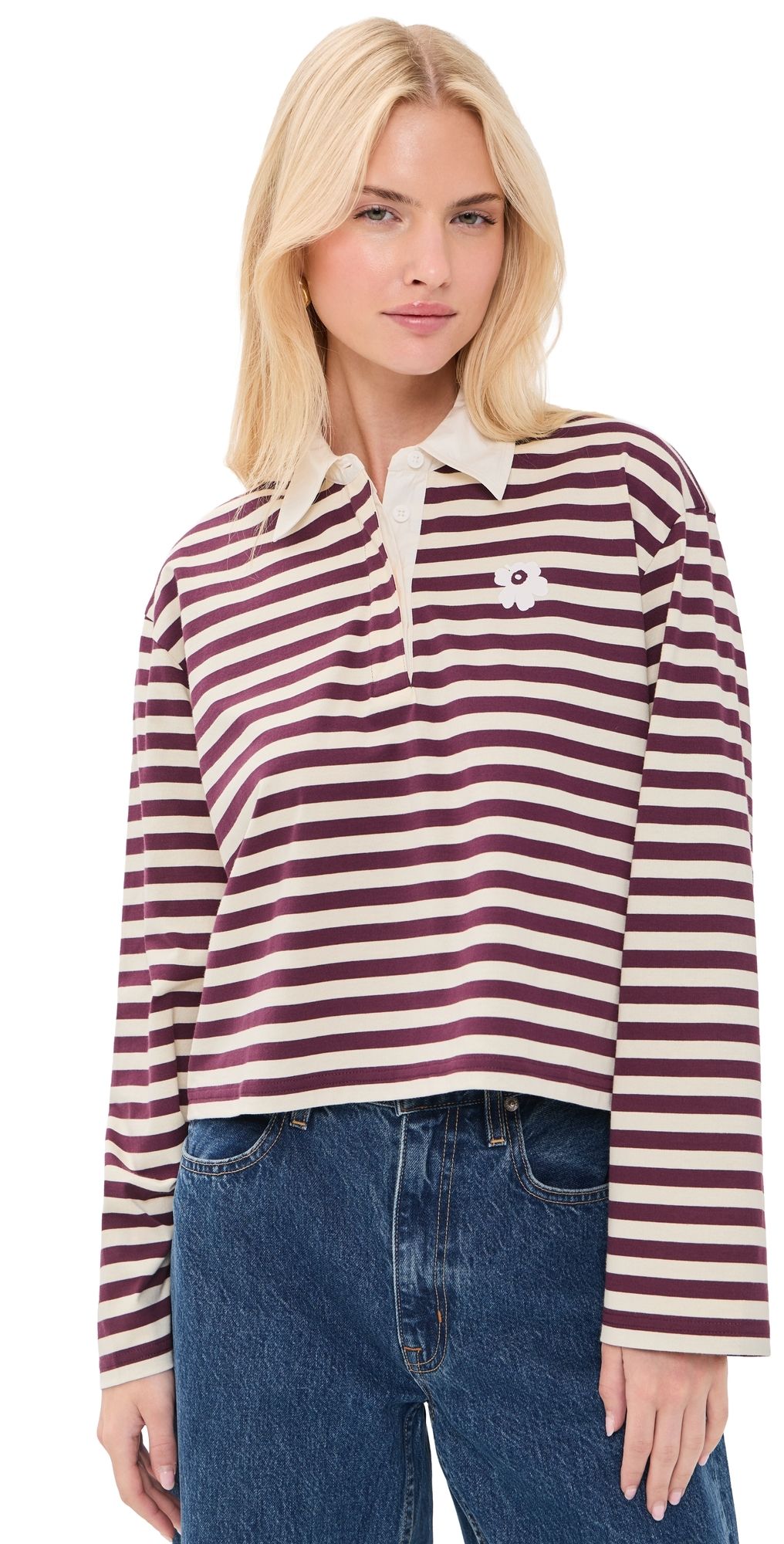 Marimekko Kipin Tasaraita Unikko Kioski Polo Shirt Wine Red/Light Yellow L
