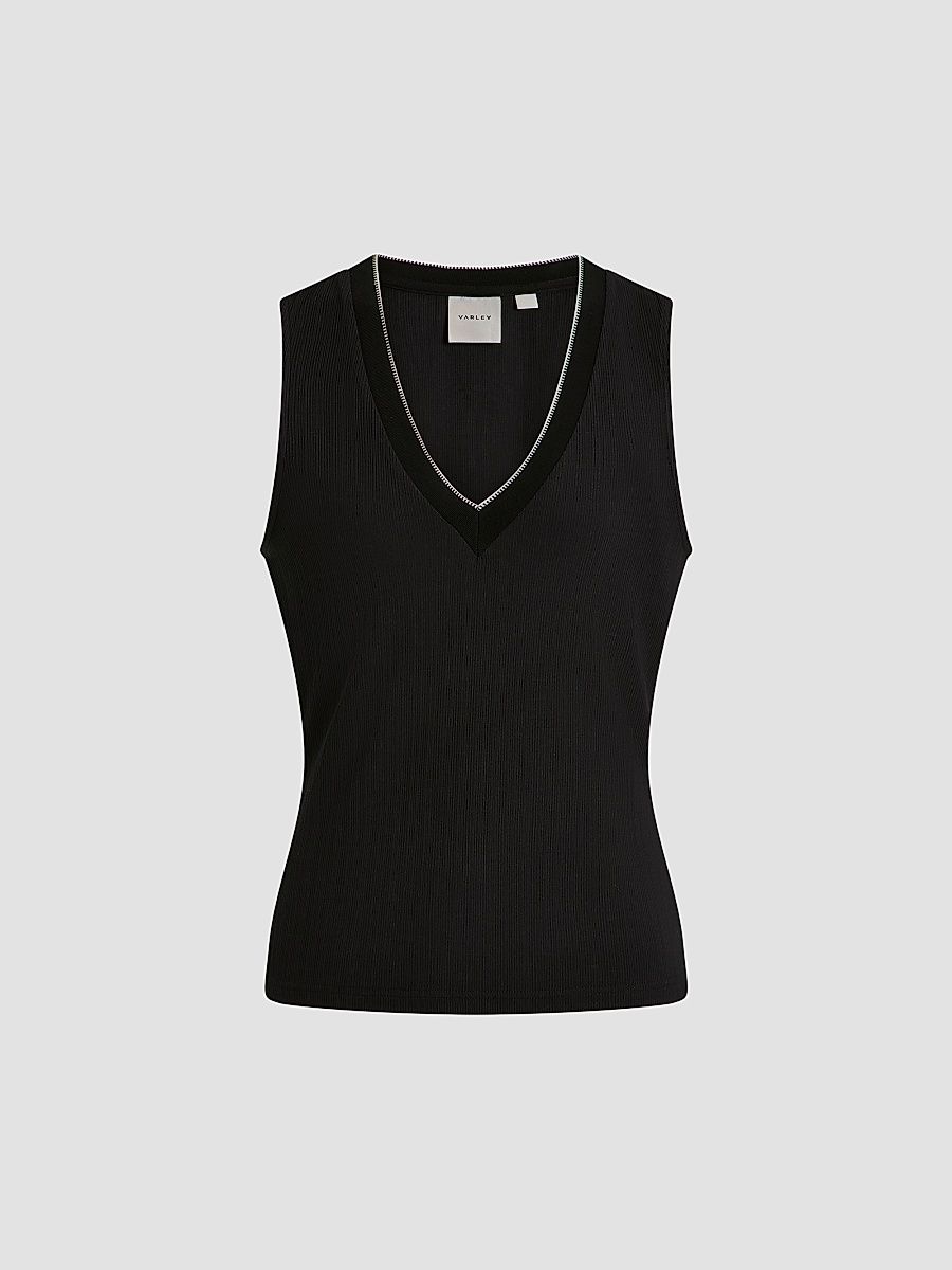 Women's Corby Rib-Knit Plunging V-Neck Tank - Black - Size XXS