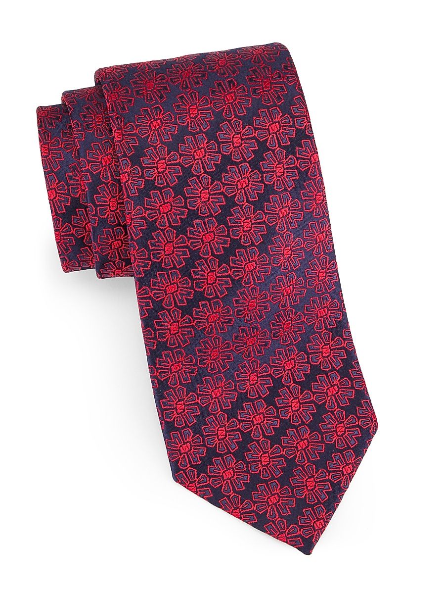 Men's Flower Medallion Silk Tie - Navy Red