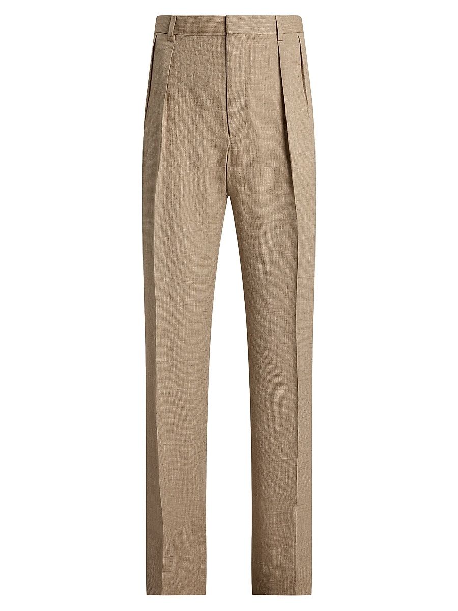 Men's Linen-Silk Straight-Leg Trousers - Khaki Multi - Size 32
