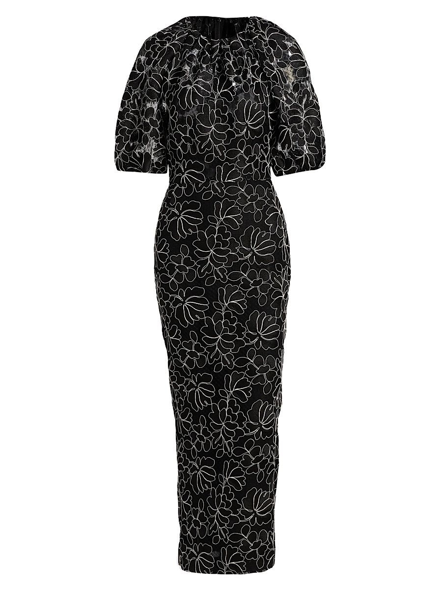 Women's Naomi Floral Lace Maxi Balloon-Sleeve Maxi Dress - Black Ivory - Size 16