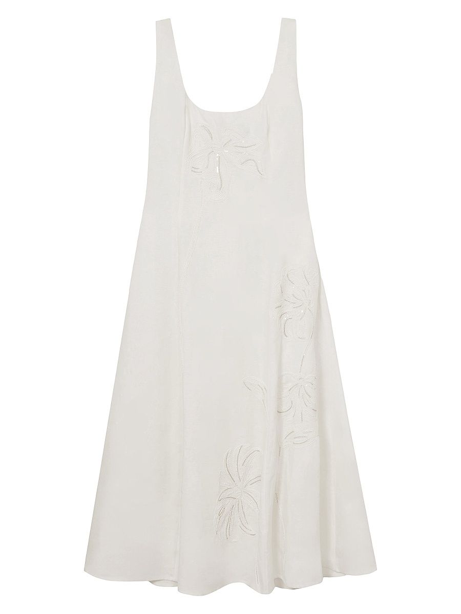 Women's Elise Embellished Floral-Embroidered Linen A-Line Midi-Dress - Ivory - Size 14