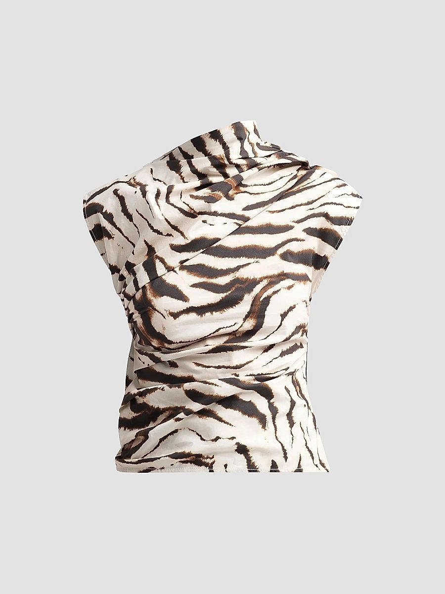 Women's Tiger Print Stretch Cotton Ruched Top - Egret - Size 14