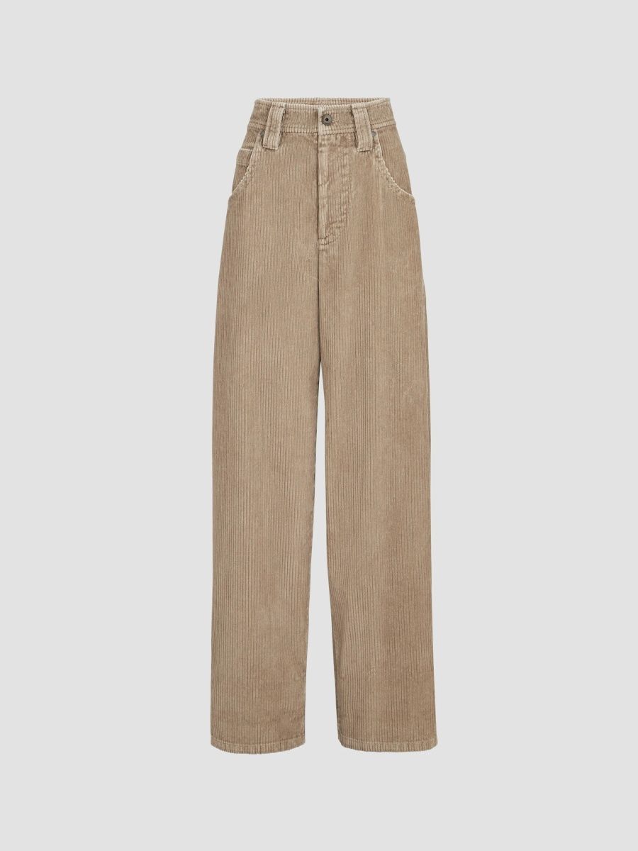 Brunello Cucinelli Women's Cotton Corduroy Baggy Trousers with Monili - Beige - Size 14