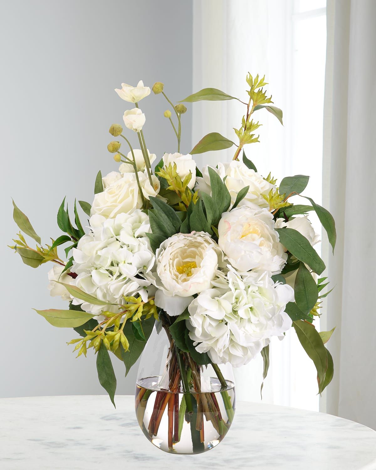 White Hydrangeas & Roses 24" Faux Floral Arrangement in Glass Vase