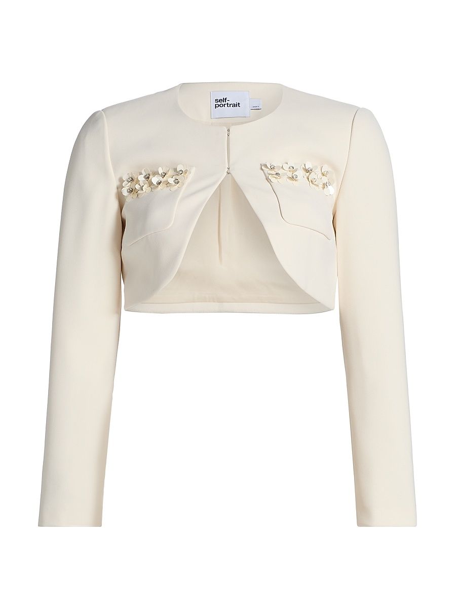 Women's 3D Sequin Crepe Cropped Jacket - Cream - Size 8