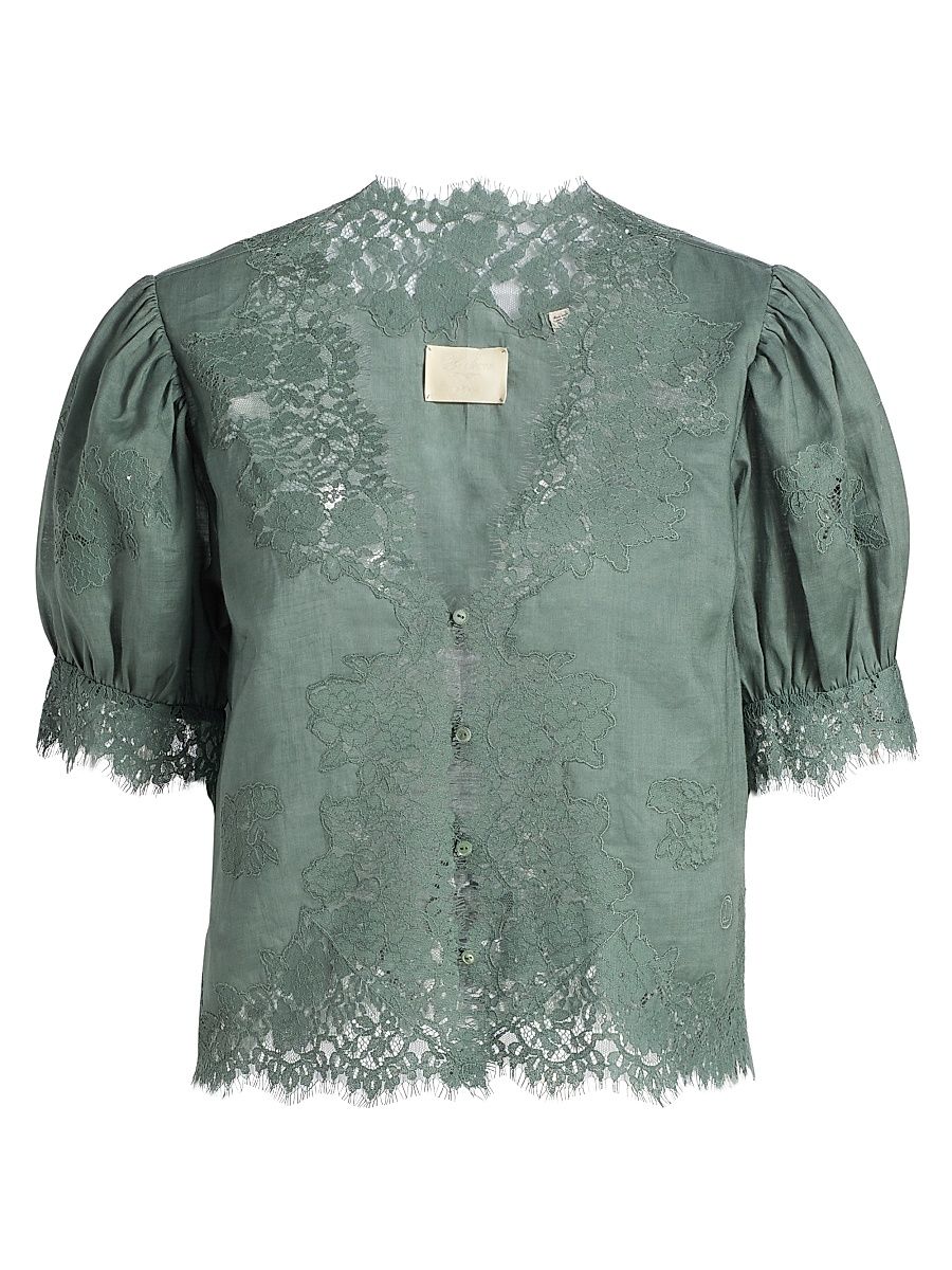 Women's Idella Puff-Sleeve Lace Top - Lagoon - Size Medium