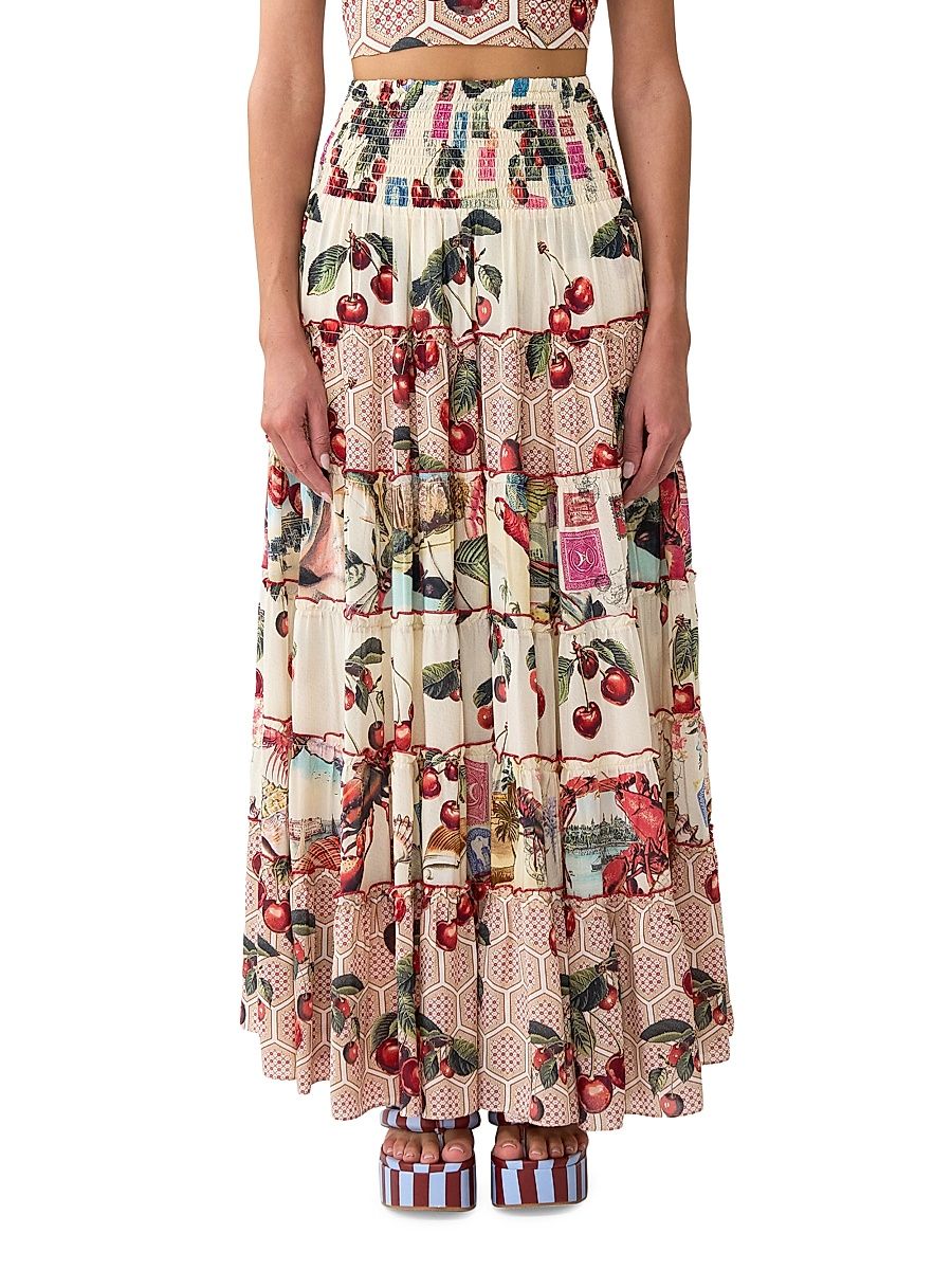 Women's Cherry-Print Silk Tiered Maxi Skirt - Notes From The Road - Size Small