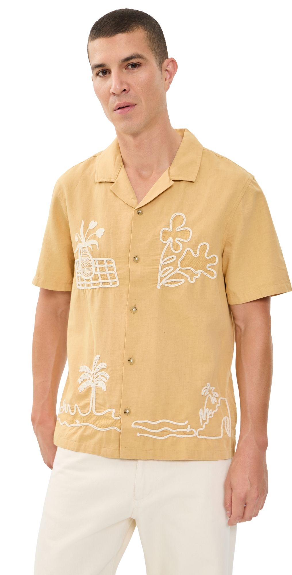 Marine Layer Embroidered Resort Button Down Shirt Mustard M