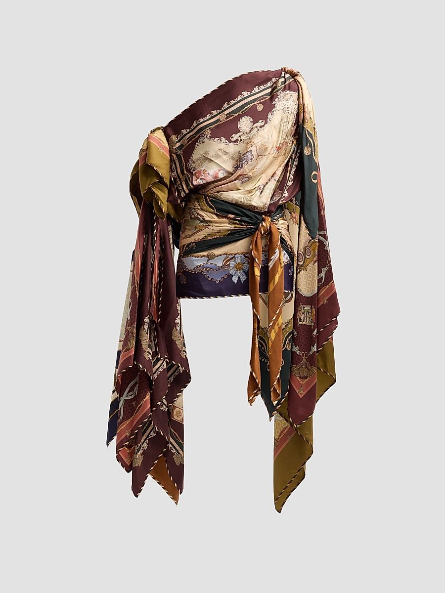 Women's Valiant Printed Silk Draped Scarf Mini Dress - Spliced Scarves - Size 6