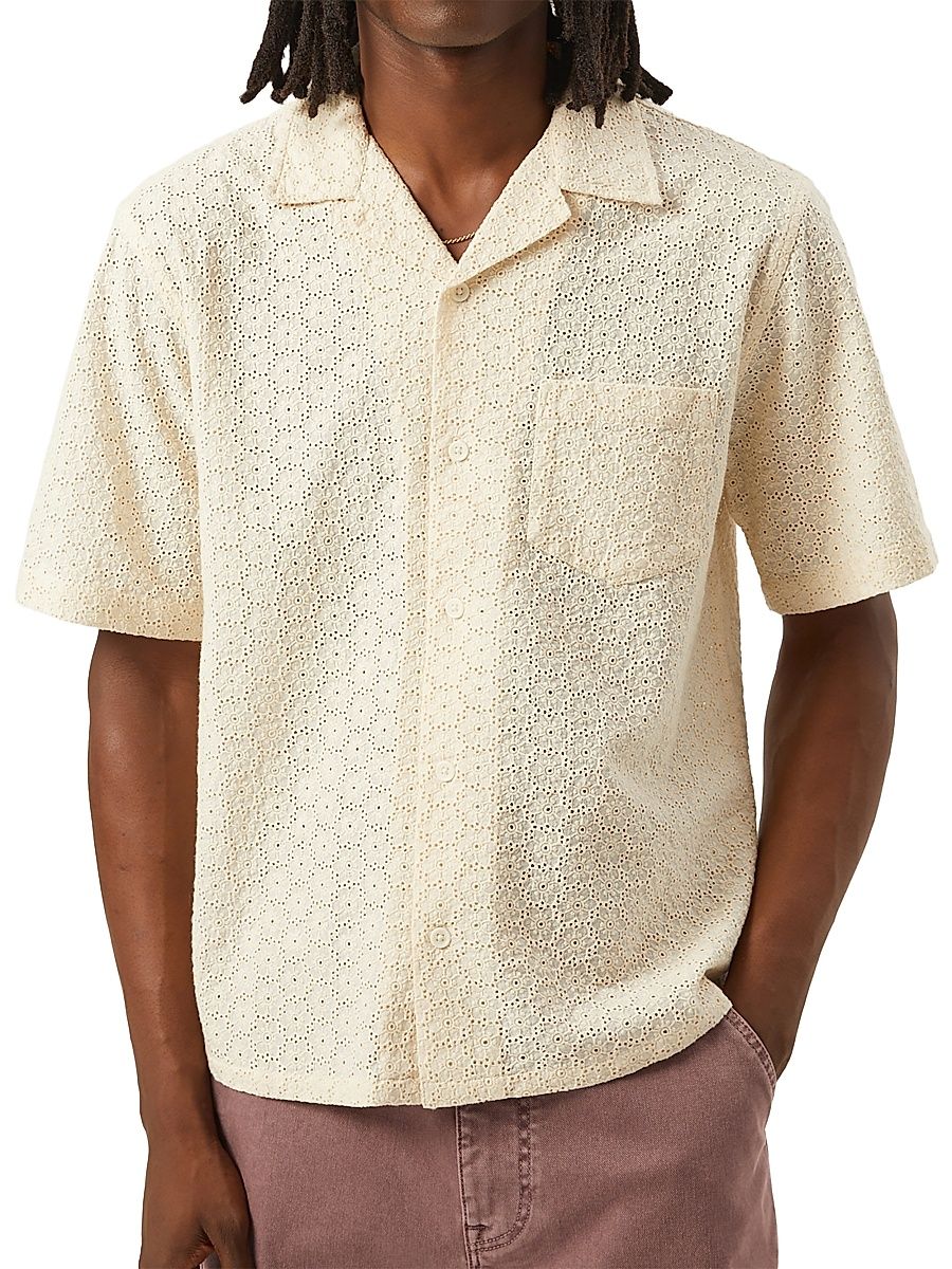 Men's Floral Eyelet Camp Shirt - Natural - Size XXL