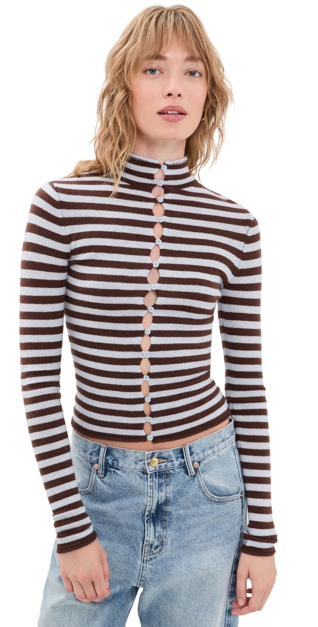 GUIZIO Fitted Knit Crew Neck BLUE/BROWN STRIPE S