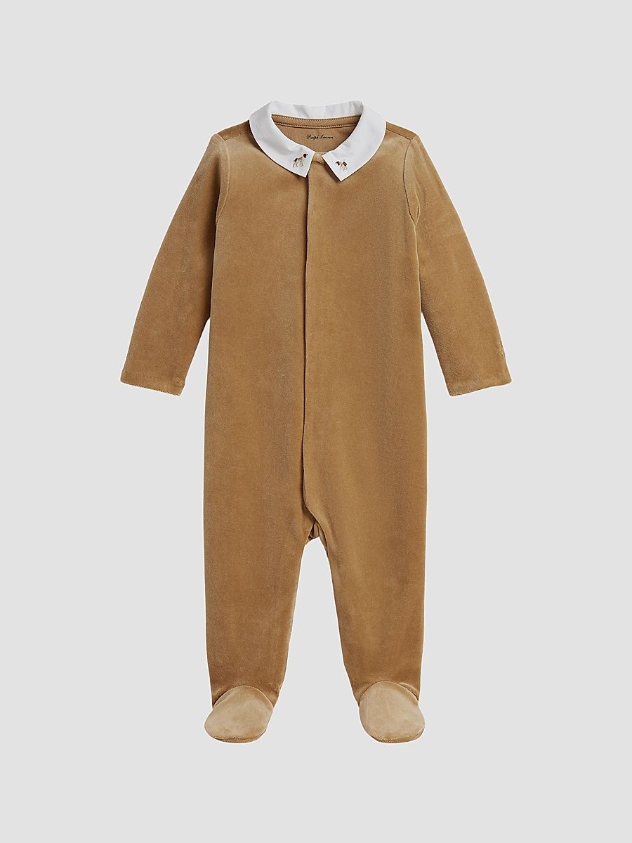 Baby Boy's Dog Embroidered Velour Footie - Camel - Size 3 Months