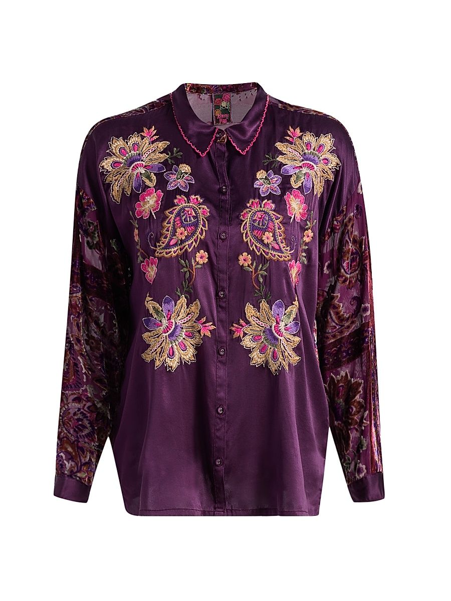 Women's The Slim Audrey Embroidered Floral Burnout Shirt - Domitila - Size XXL