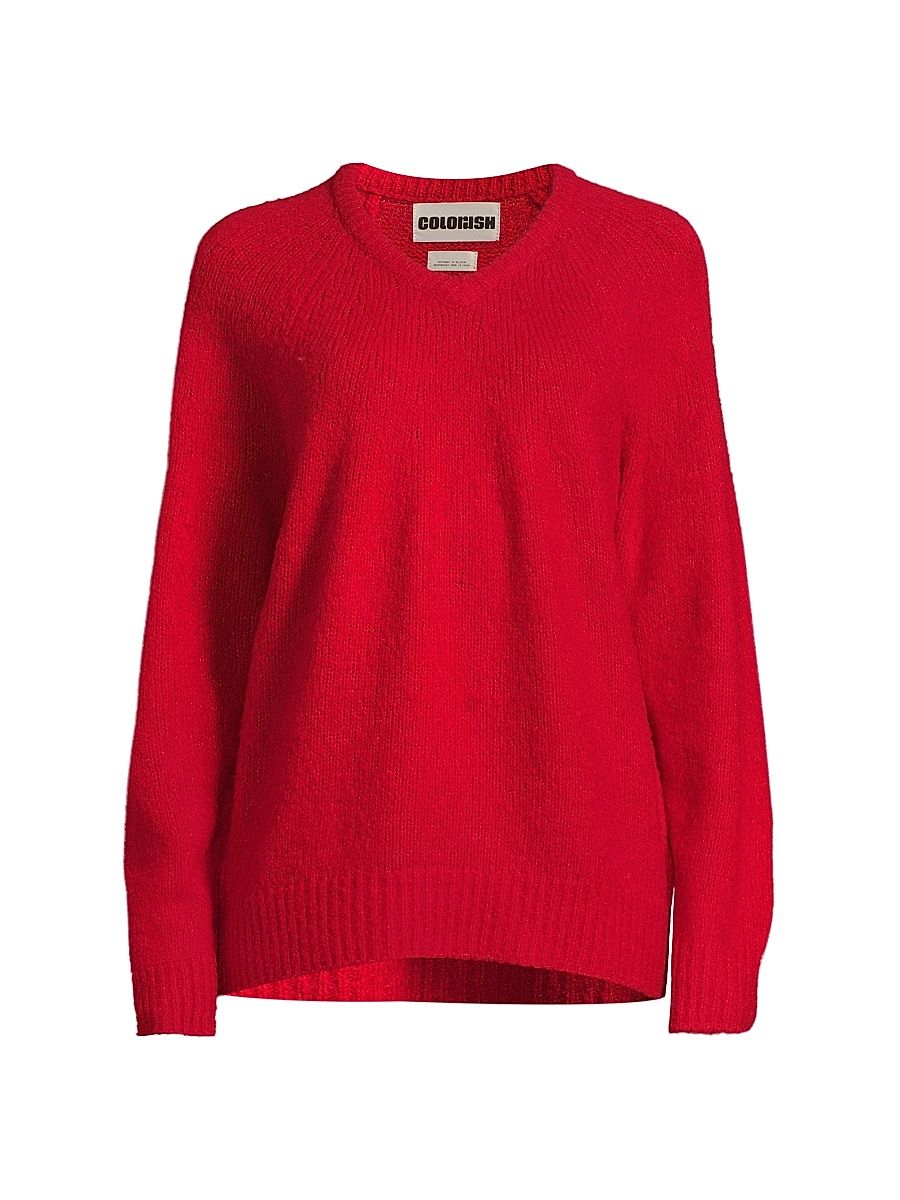 Women's Wool-Blend V-Neck Sweater - Ruby - Size Medium