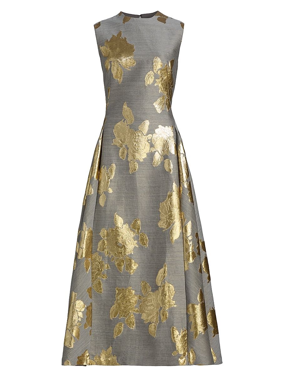 Women's Metallic FLoral Sleeveless Cocktail Dress - Gold Grey - Size 14