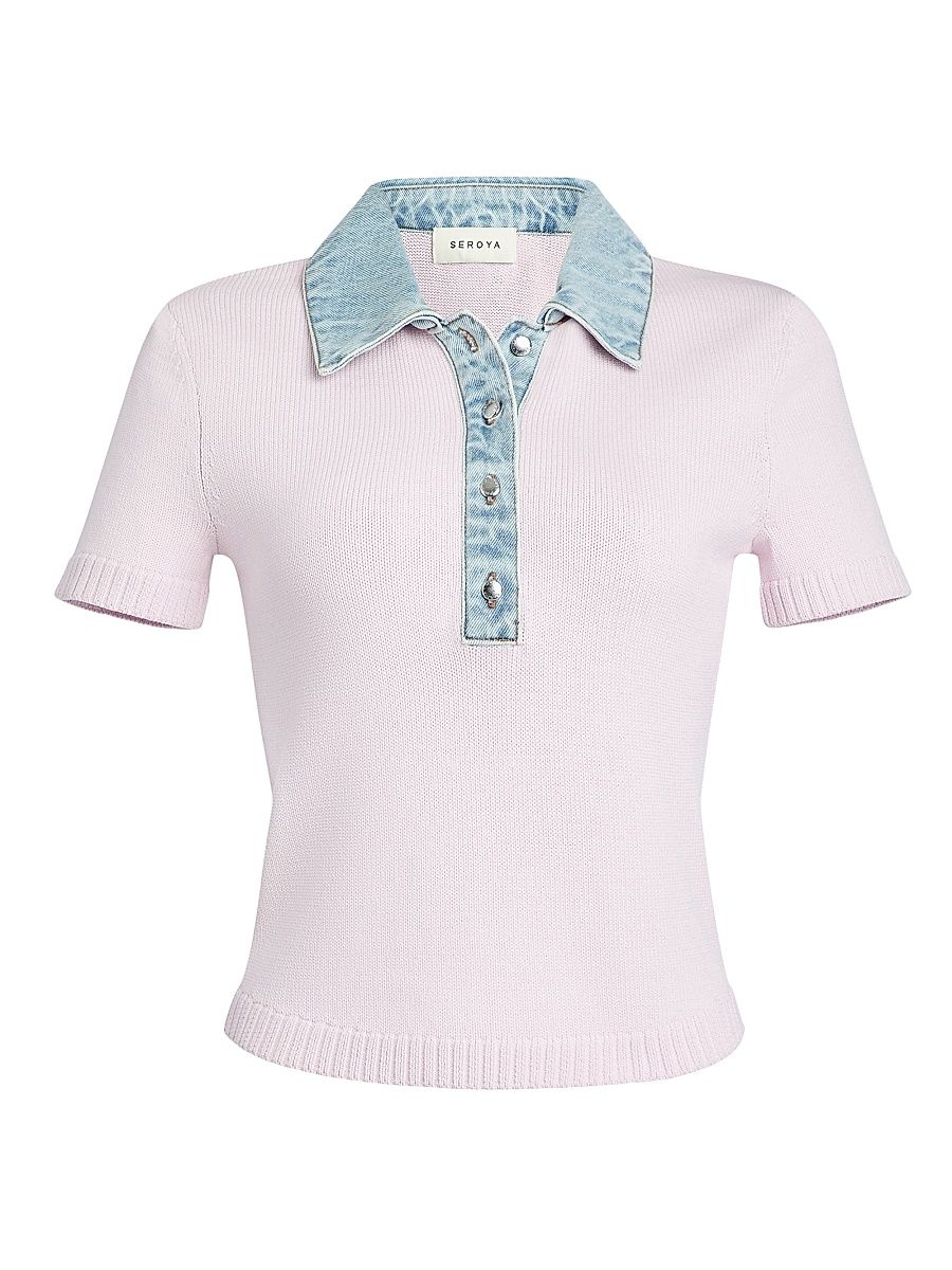 Women's Erika Mixed-Media Short-Sleeve Polo Top - Petal Pink Coast - Size XL