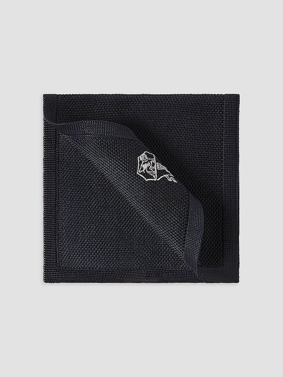 Brunello Cucinelli Men's Silk Knit Pocket Square with Embroidered Logo - Navy Blue