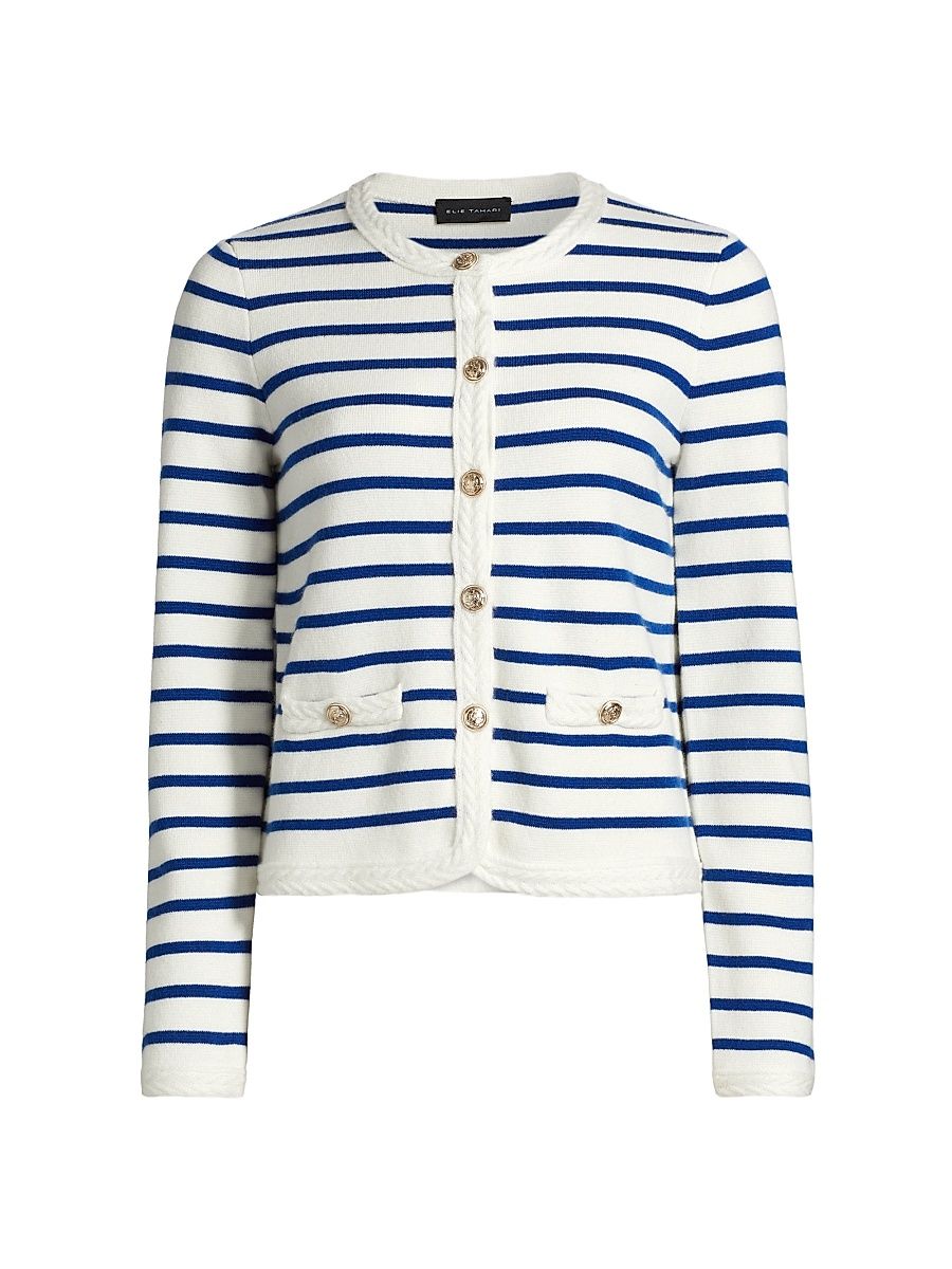 Women's Makena Striped Wool-Cashmere Crewneck Cardigan - Sky White Daphne Blue Stripes - Size Medium