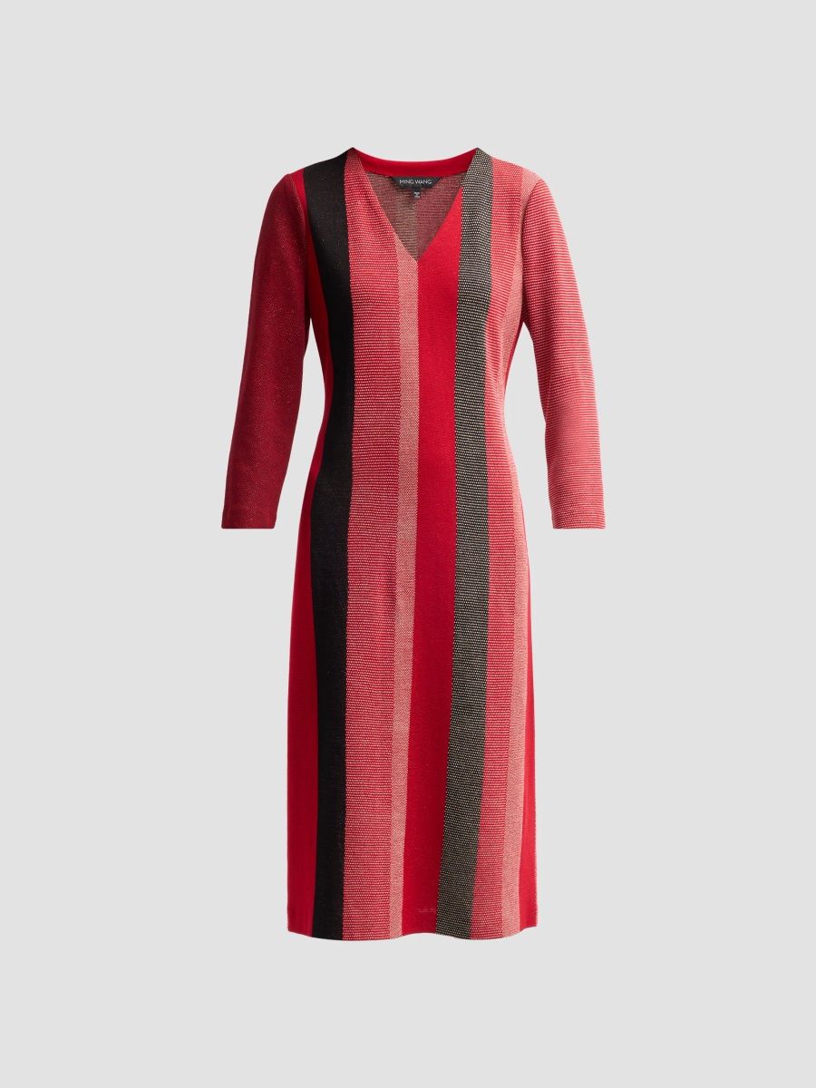Ming Wang Women's Striped Metallic Knit V-Neck Midi Dress - Holiday Black Gold - Size XL