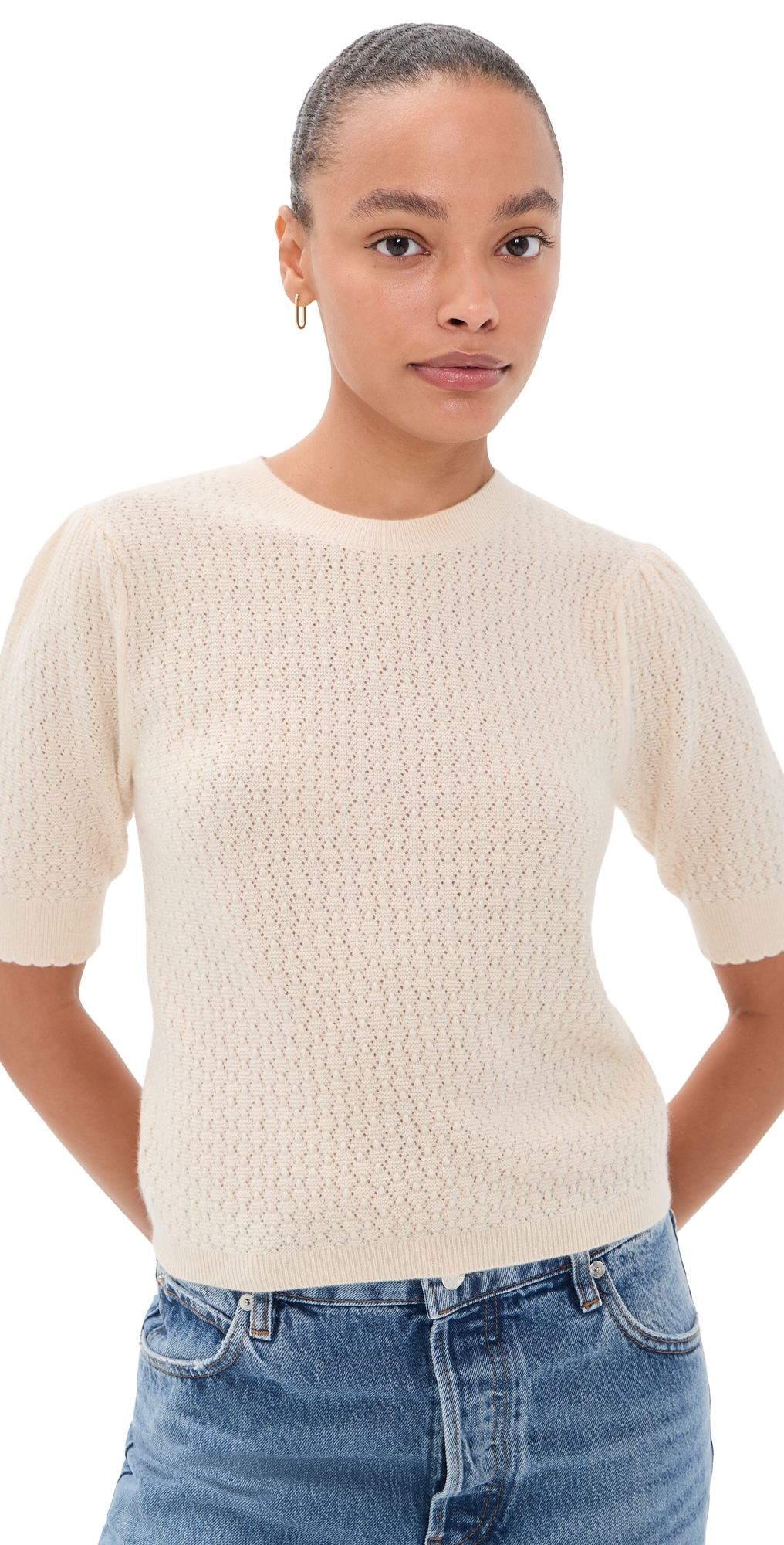 FRAME The Gathered Honeycomb Cashmere Sweater Cream XL