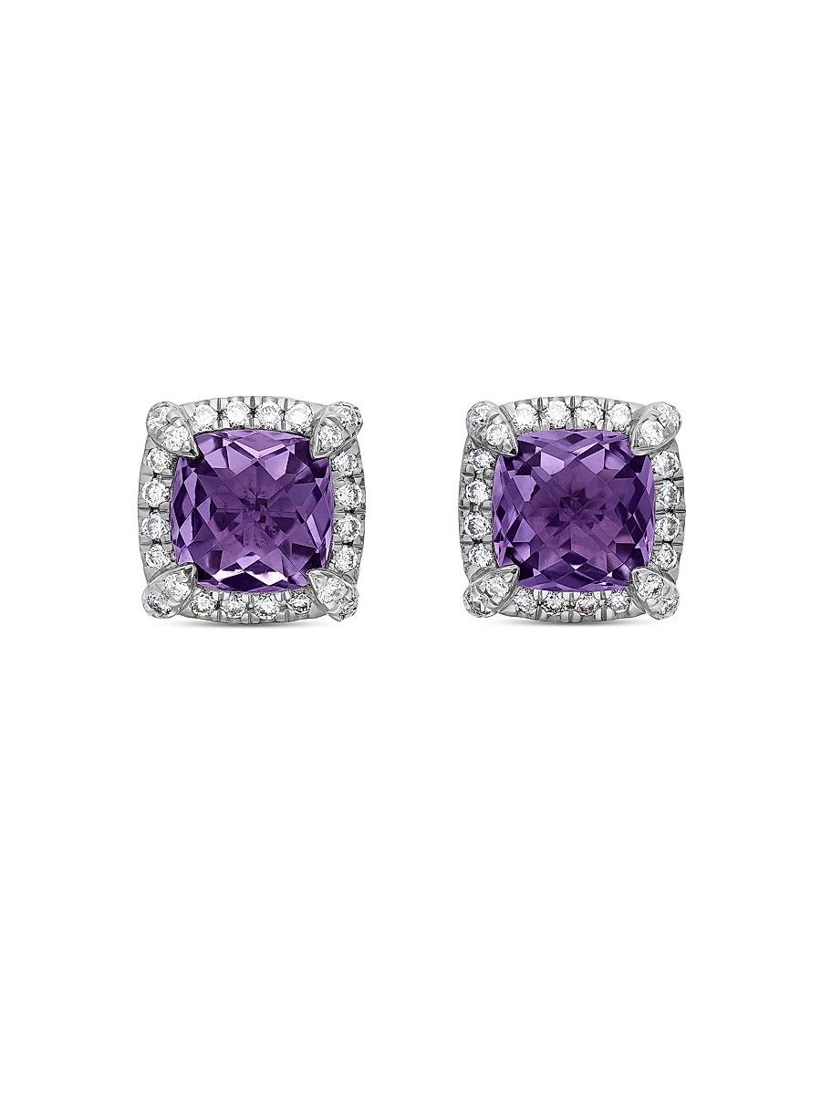 Women's Petite Chatelaine Pavé Bezel Stud Earrings in Sterling Silver - Prasiolite