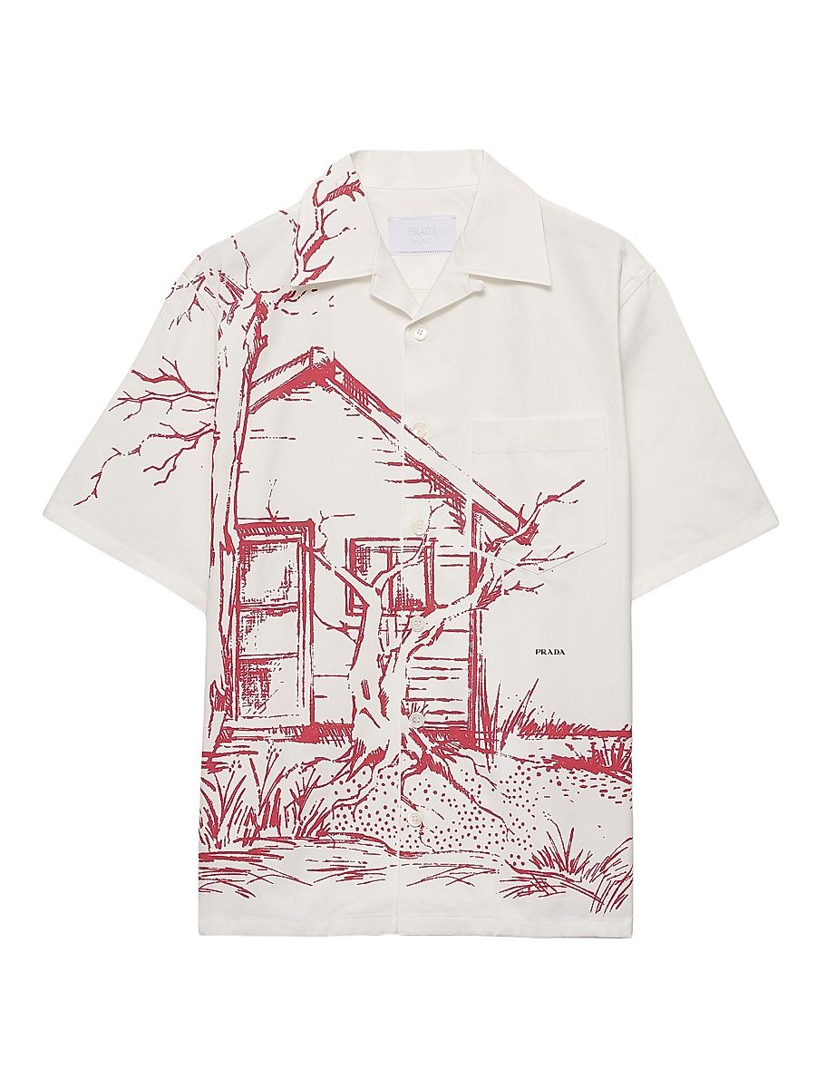 Men's Printed Cotton Bowling Shirt - Red White - Size XXXL