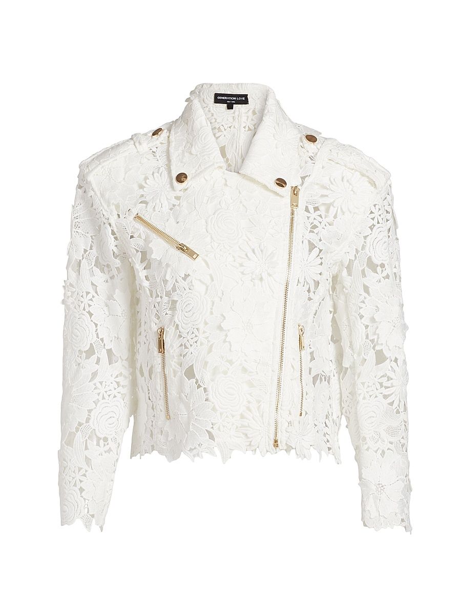 Women's Crawford Floral Guipure Lace Zip-Up Moto Jacket - White - Size Medium