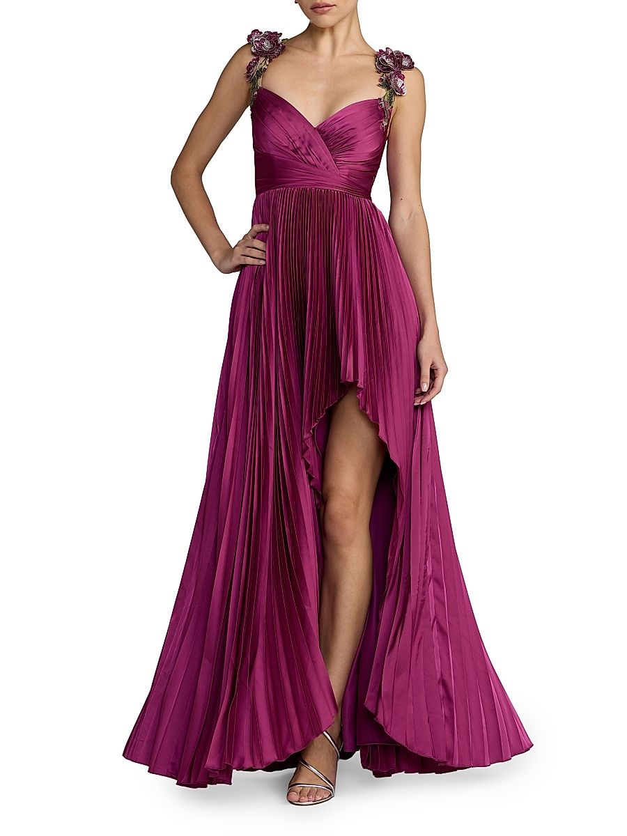 Women's Petite Charmeuse Floral Strap A-Line Gown - Magenta - Size 12