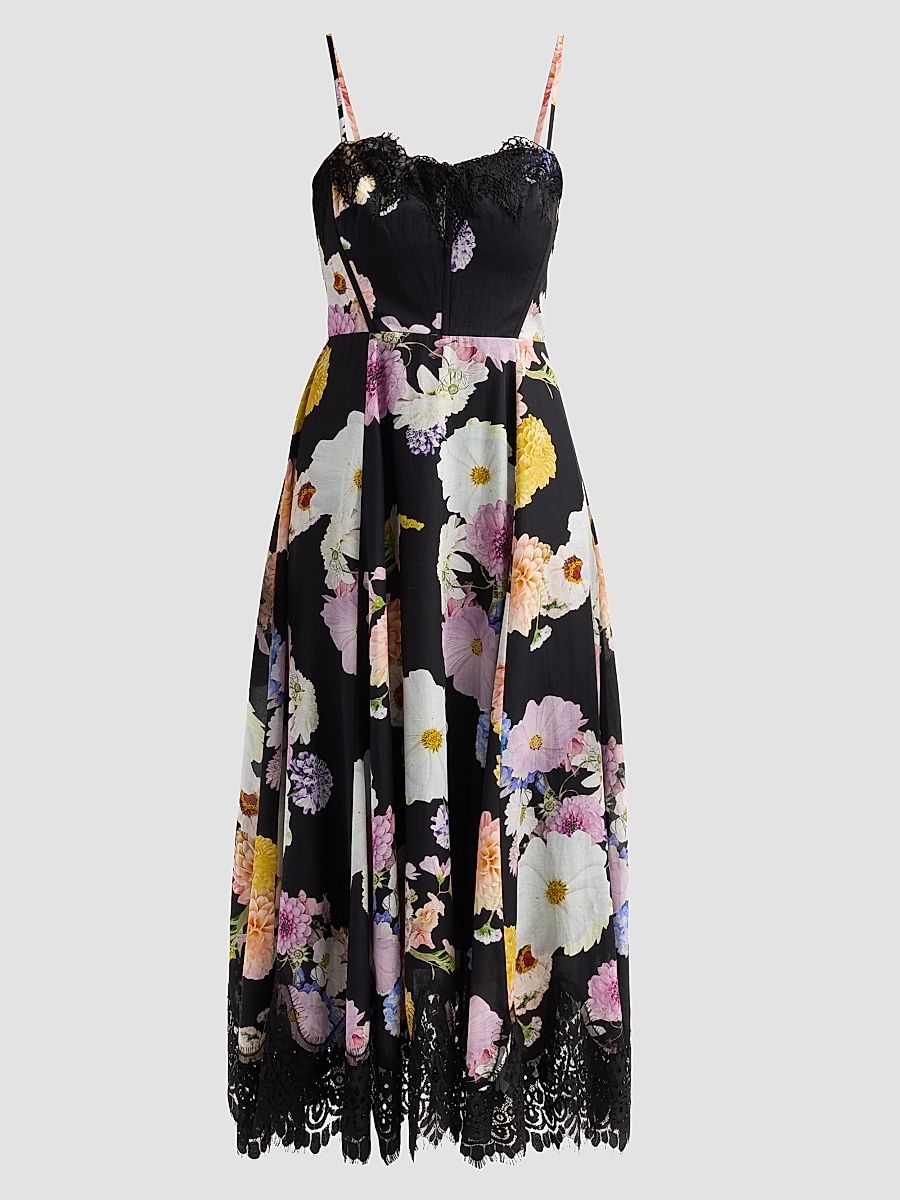 Women's Junia Floral Voile Lace Midi Dress - Black Dahlias - Size XXS