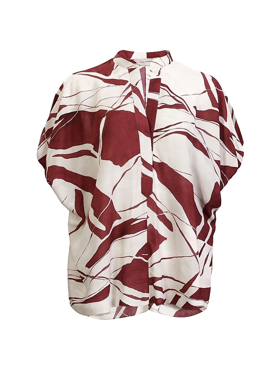 Women's Susanne Graphic Crepe Blouse - Beige Burgundy Abstract - Size Small