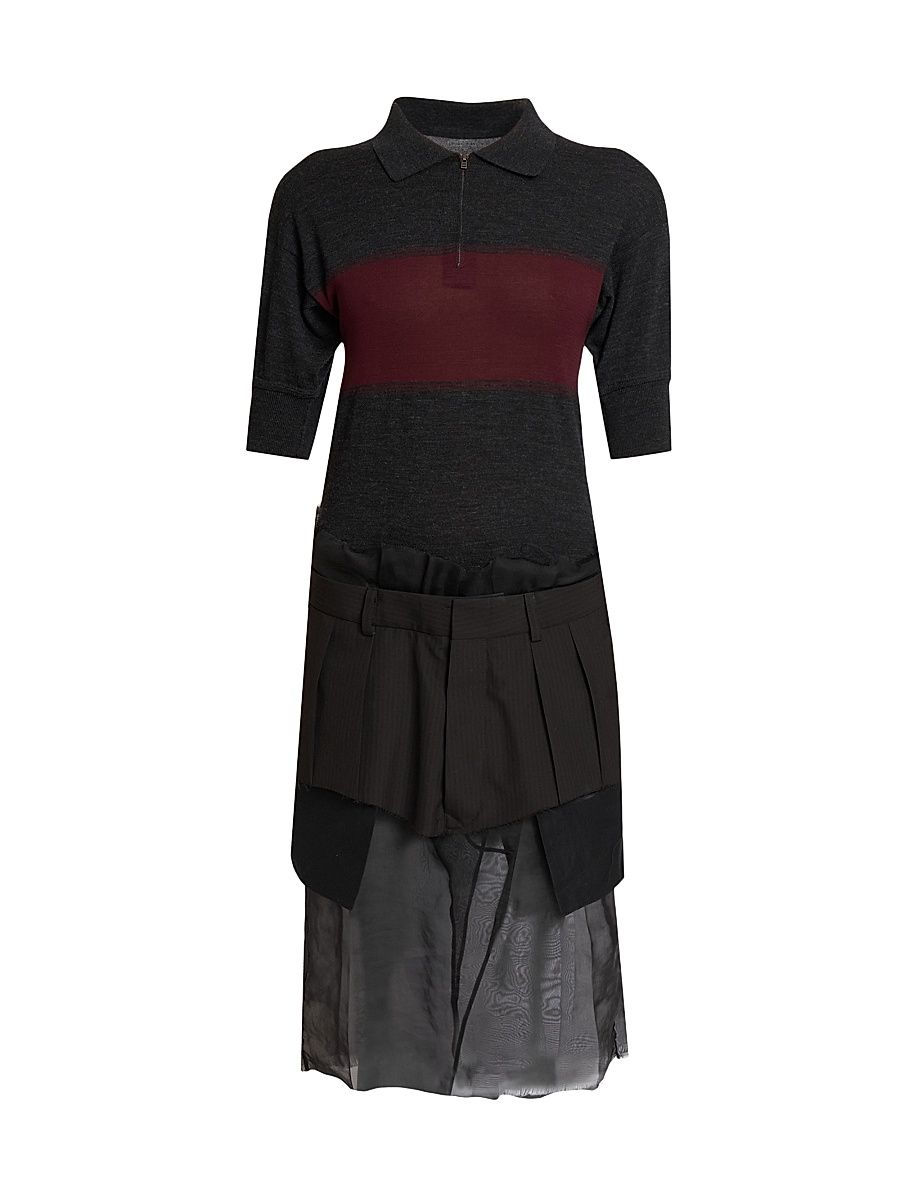 Women's Wool-Silk Polo Midi-Dress - Black Brown - Size 4