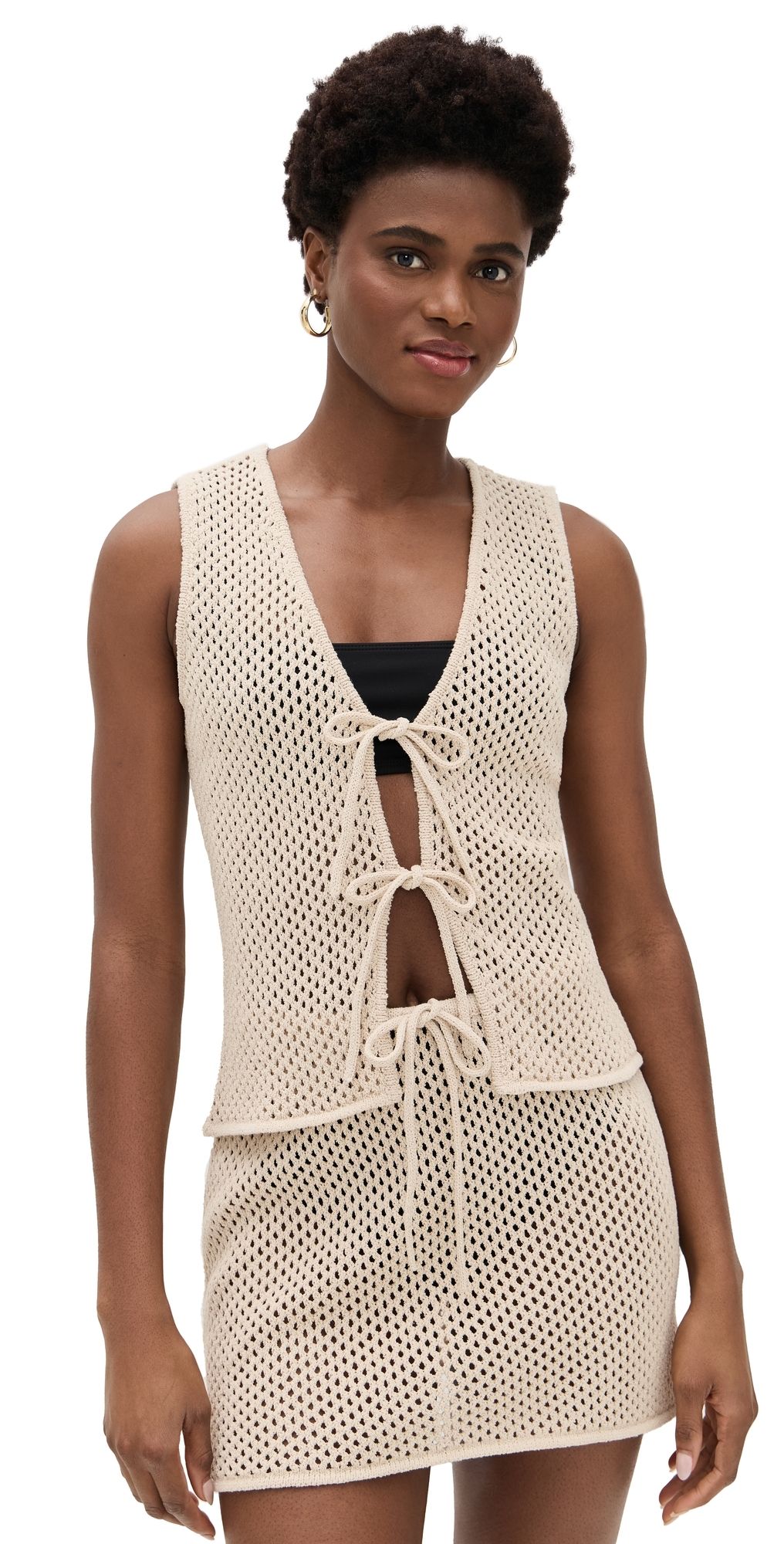 Onia Crochet Knit Tie Front Top Sandshell L