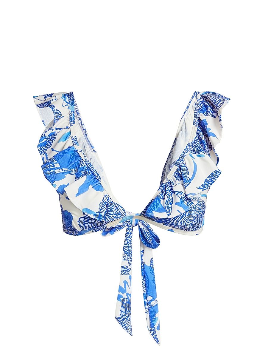 Women's Floral Ruffled Bikini Top - Blue Multi - Size Large