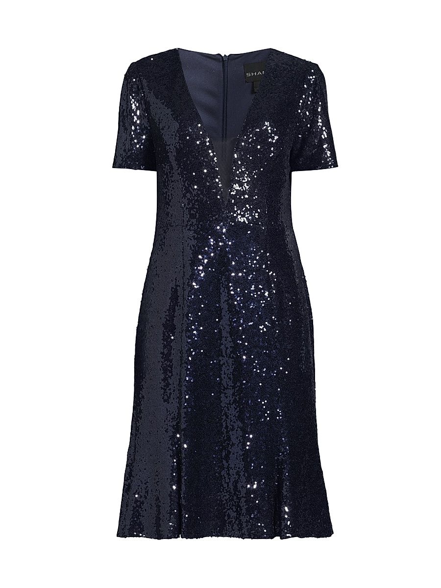 Women's Sequined Fit & Flare Midi-Dress - Navy - Size 14