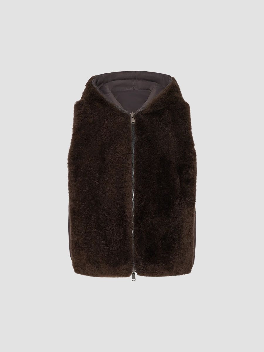 Brunello Cucinelli Women's Cashmere Shearling Reversible Hooded Vest - Brown - Size 2