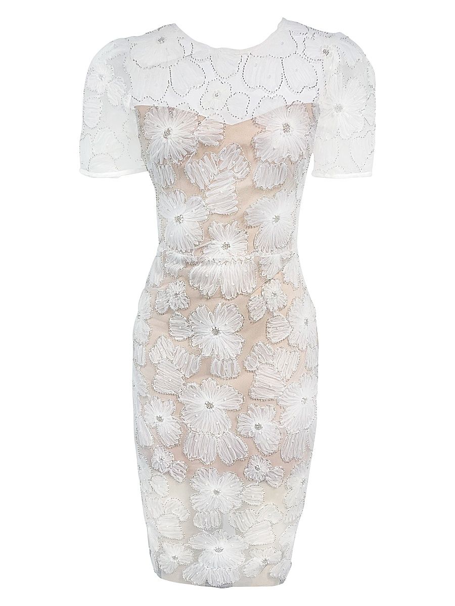 Women's Lia Floral Puff-Sleeve Midi-Dress - White Beige - Size Medium