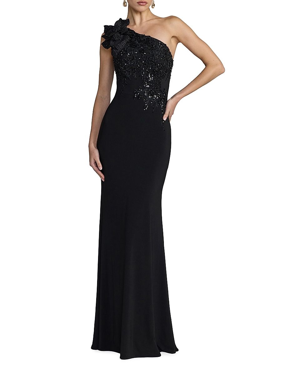 Women's Flower Sequin One-Shoulder Jersey Gown - Black - Size 16