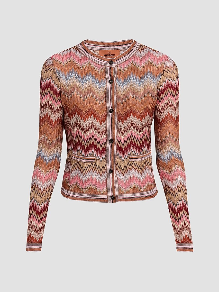 Women's Zigzag Chevron Button-Front Cardigan - Pink And Rust Tones - Size 8