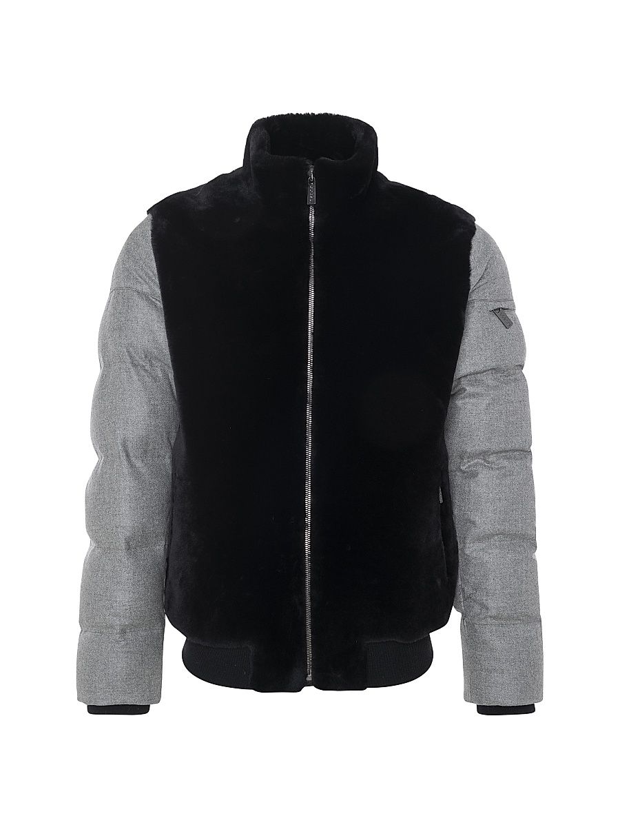 Men's Merino Shearling Lamb Bomber Jacket with Wool - Black - Size Large