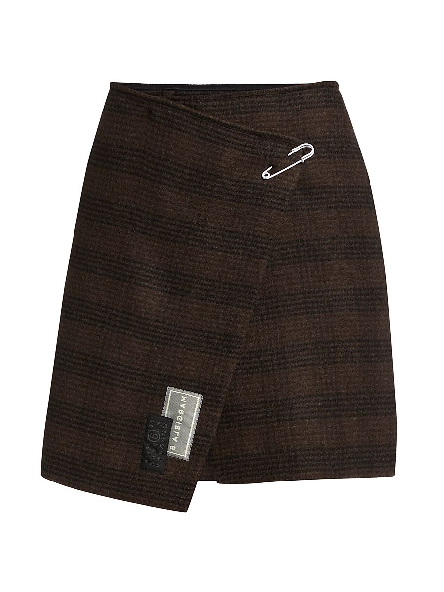 Women's Check Wool-Blend Wrap Miniskirt - Brown Black - Size 2