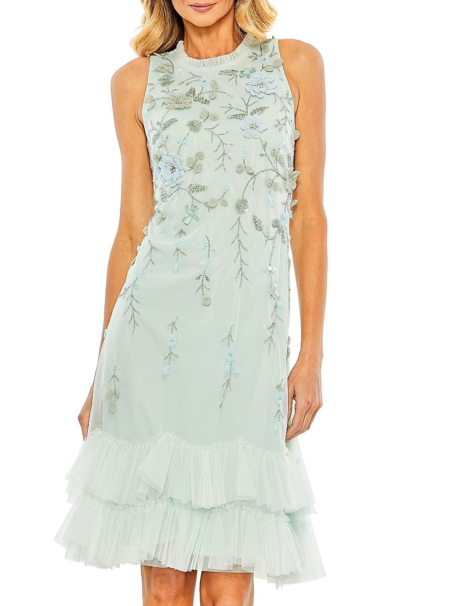 Women's Cocktail Floral Embellished Chiffon Tiered Dress - Seafoam - Size 16